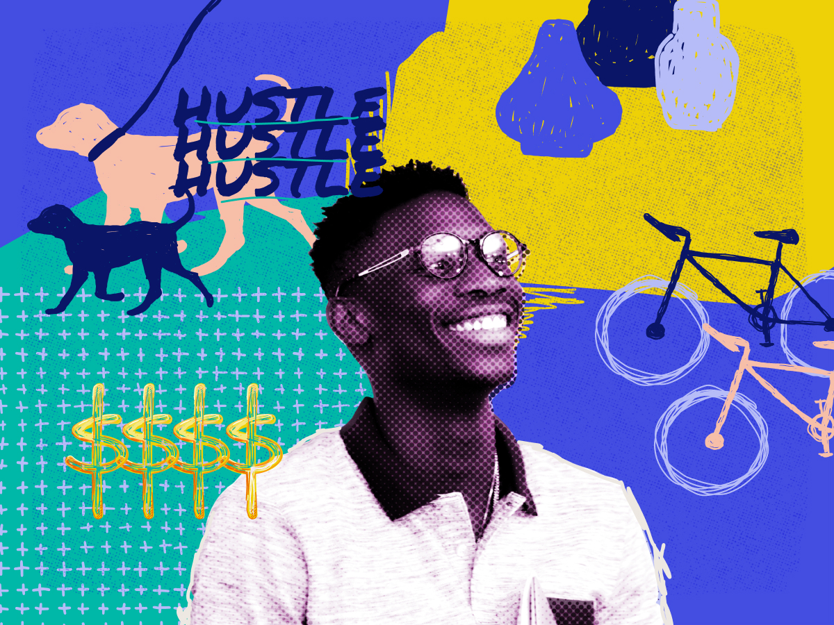 Black man wearing glasses with illustrations of side hustle options around him including bikes, dogs and other abstract options