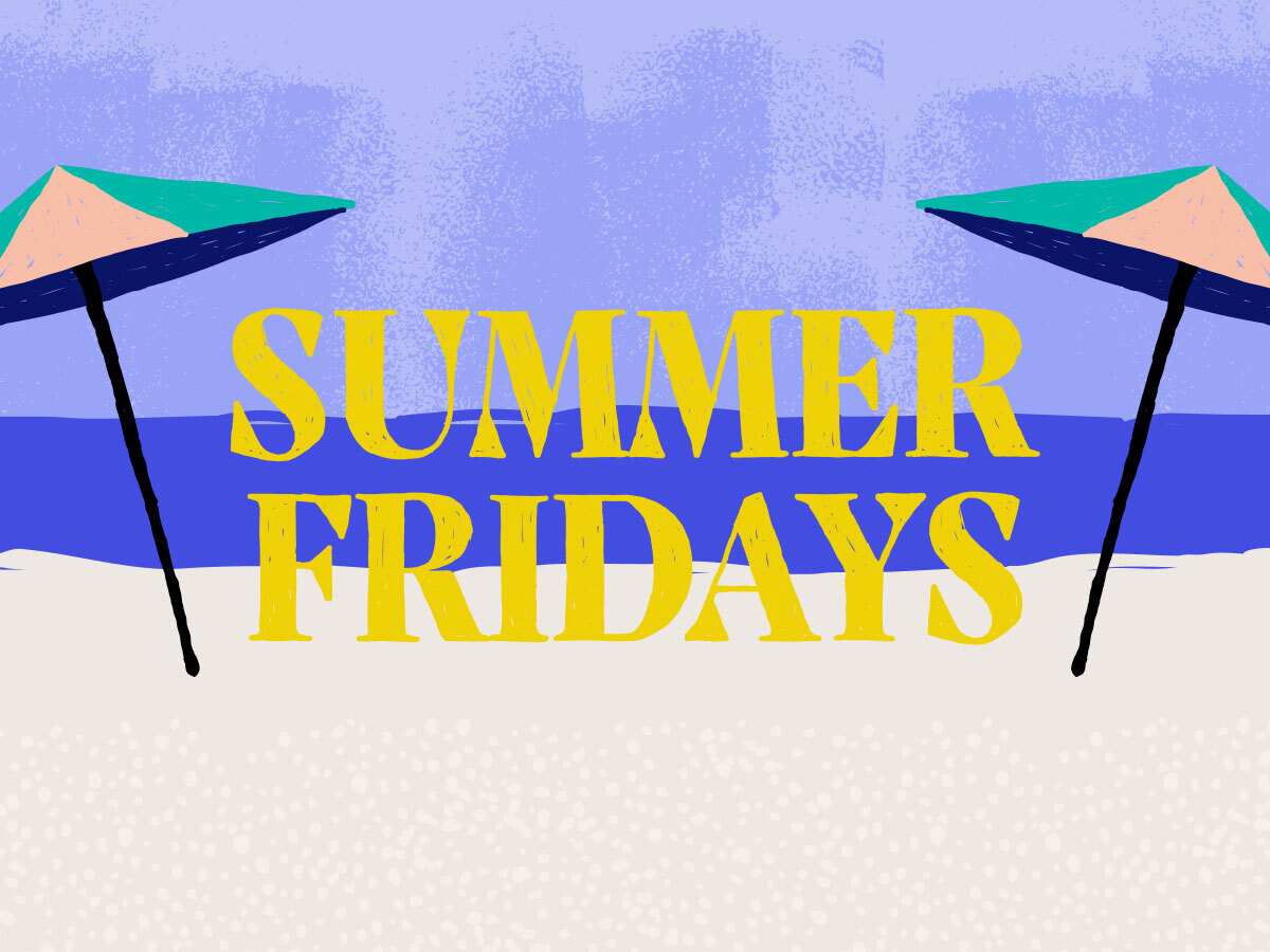 summer fridays text over a graphically treated image of a beach