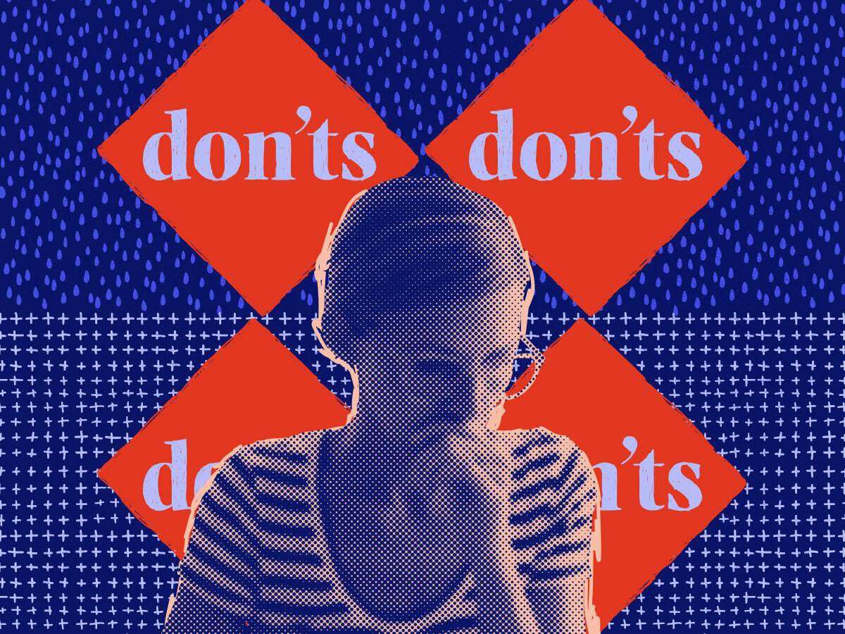 a woman thinking against a background of four diamond shapes with the word donts in them