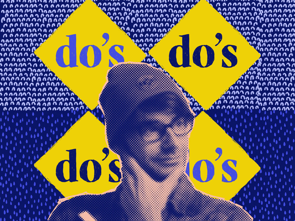 a man with glasses and a beanie contemplating with the term "do's" in four diamonds behind him