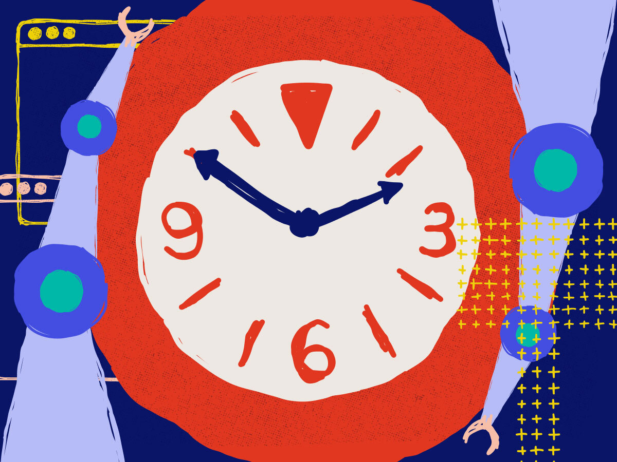 a drawn-style clock on a colourful blue background with robot arms in the foreground