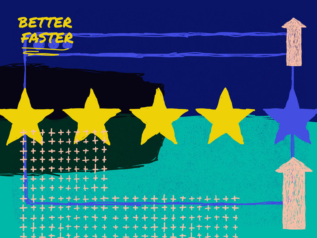 a star rating system with 4 starts highlighted, the words better and faster in the upper corner, and arrows pointing up on the righthand side
