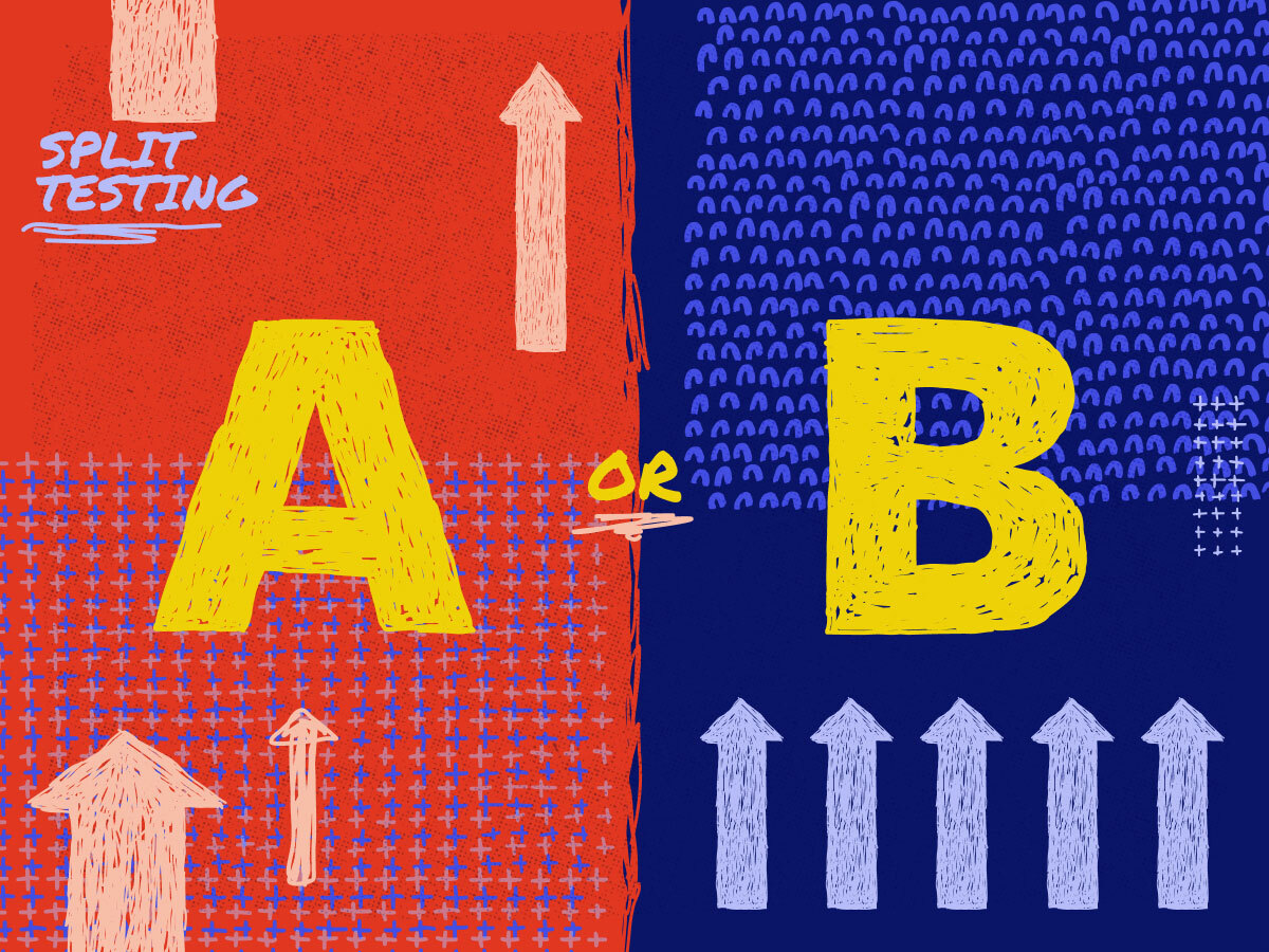 a and b on red and blue background with the term split testing in the corner