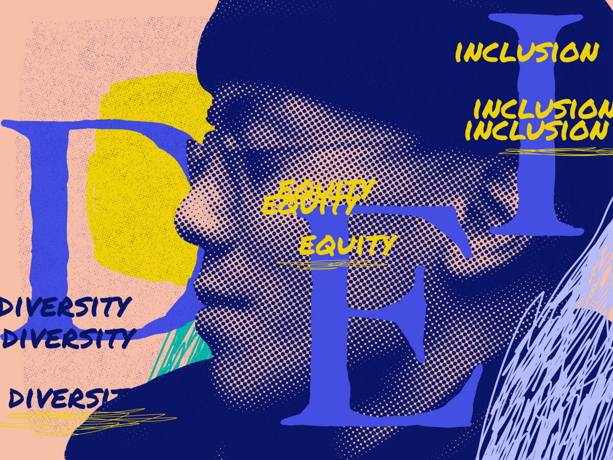 side profile of a man with the terms equity, inclusion, and diversity overlaid