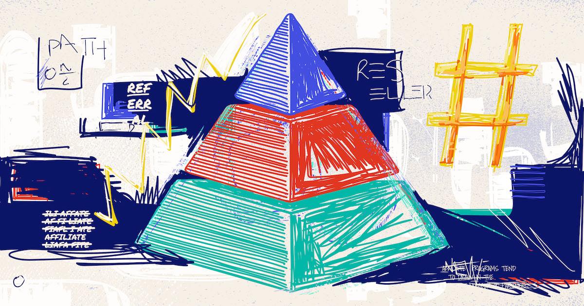 drawn pyramid with scribbled elements behind it