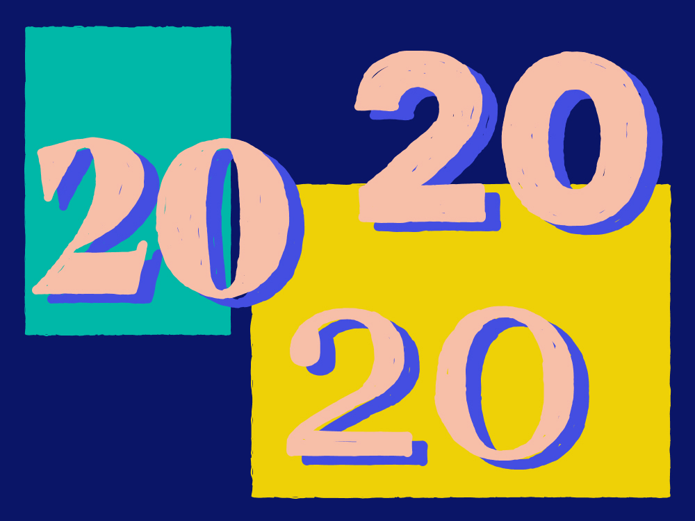 three large "20" on a colourful block background