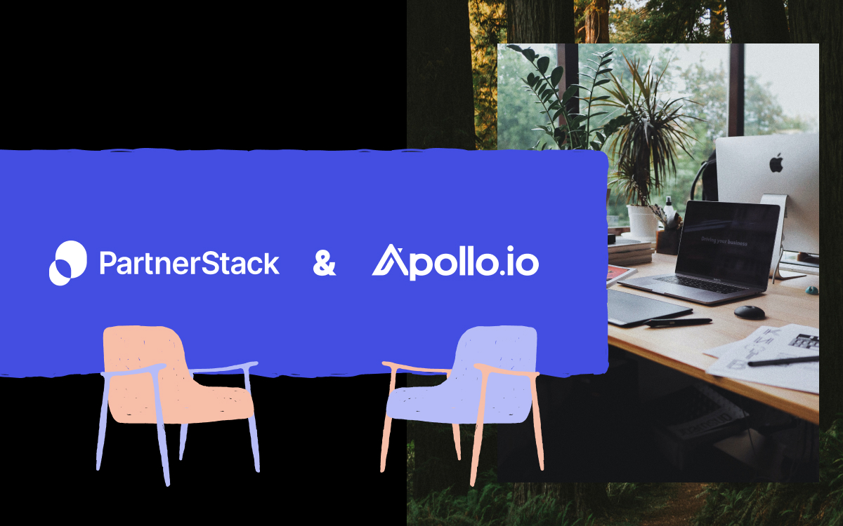 partnerstack and apollo logos above two chairs with an office setup in the background