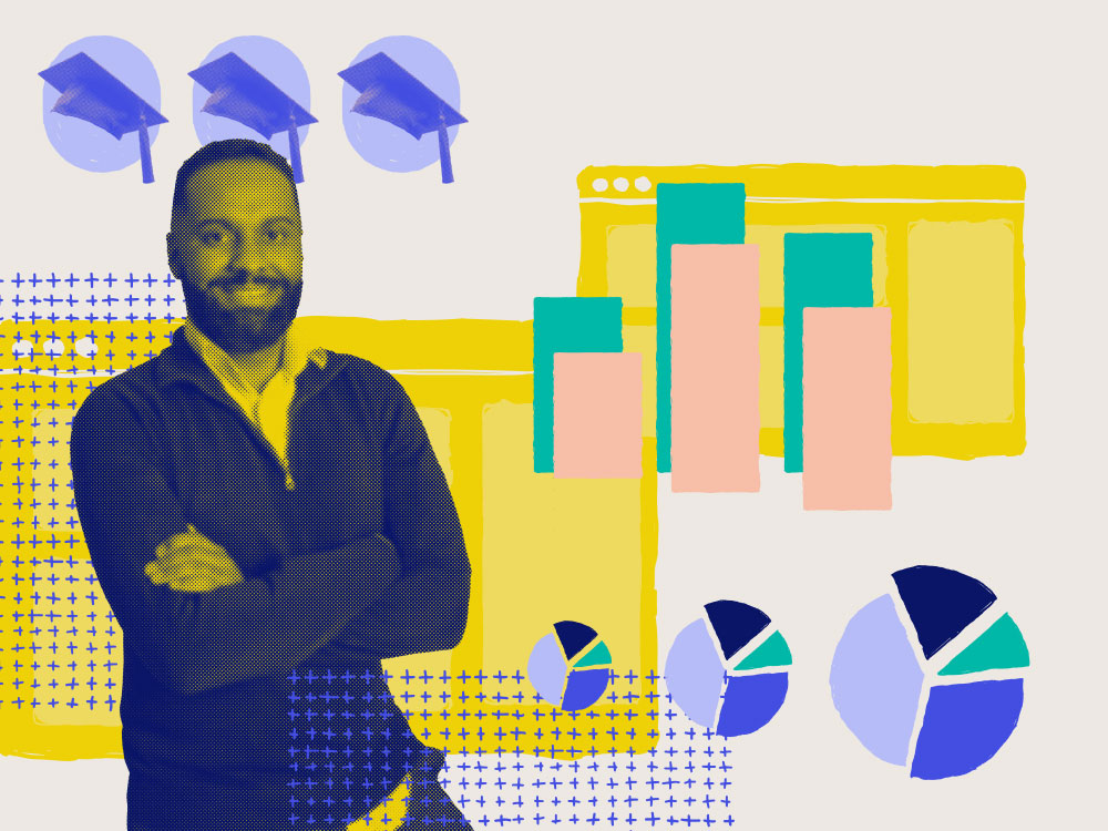 a man smiling with arms crossed in front of drawn bar graphs, pie charts, and graduation caps