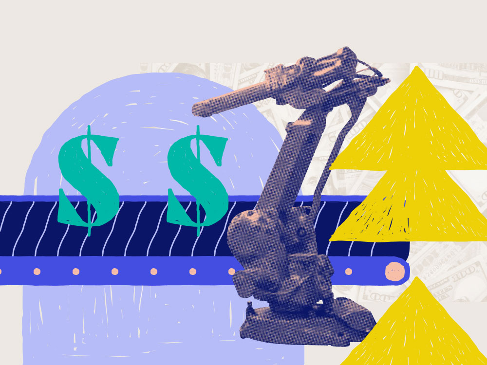 a robot arm in front of a conveyor belt with dollar signs on it