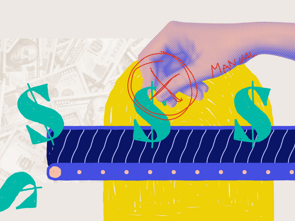 a hand picking a dollar sign off a conveyor belt