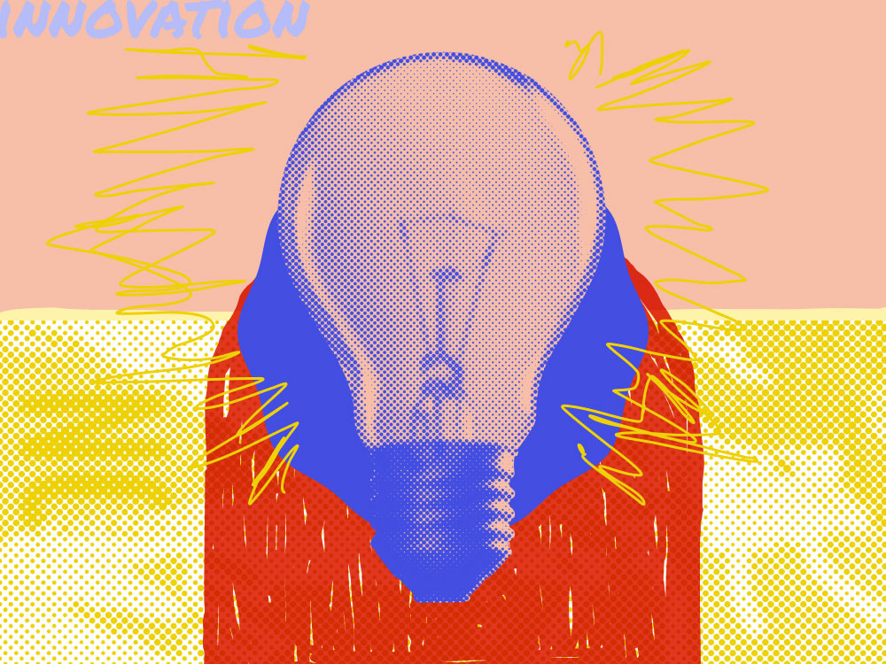 a lightbulb with "innovation" in the background