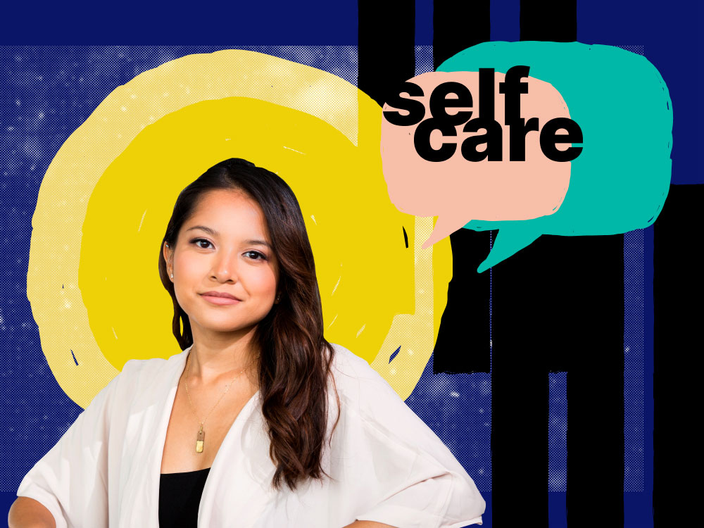 a woman standing in front of a colourful graphic background with the words "self care" behind her