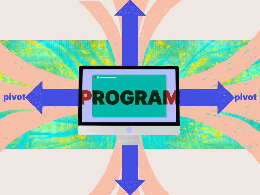 the word program on a computer screen with arrows and the word pivot on two sides