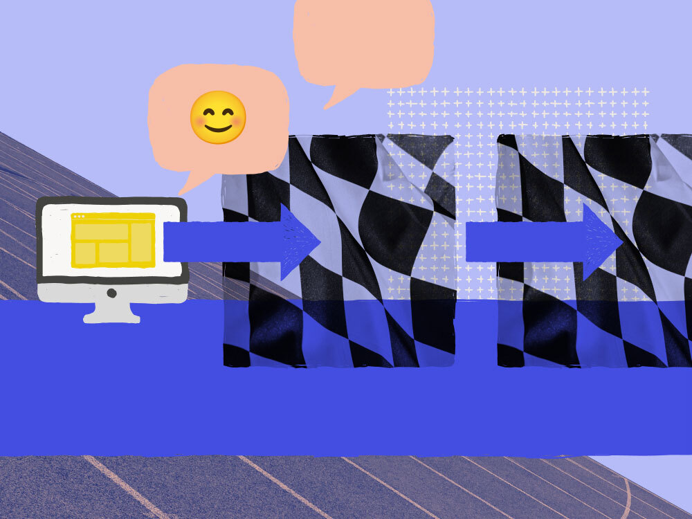 illustration of computer screen with arrows leading to flags that suggest starting a race