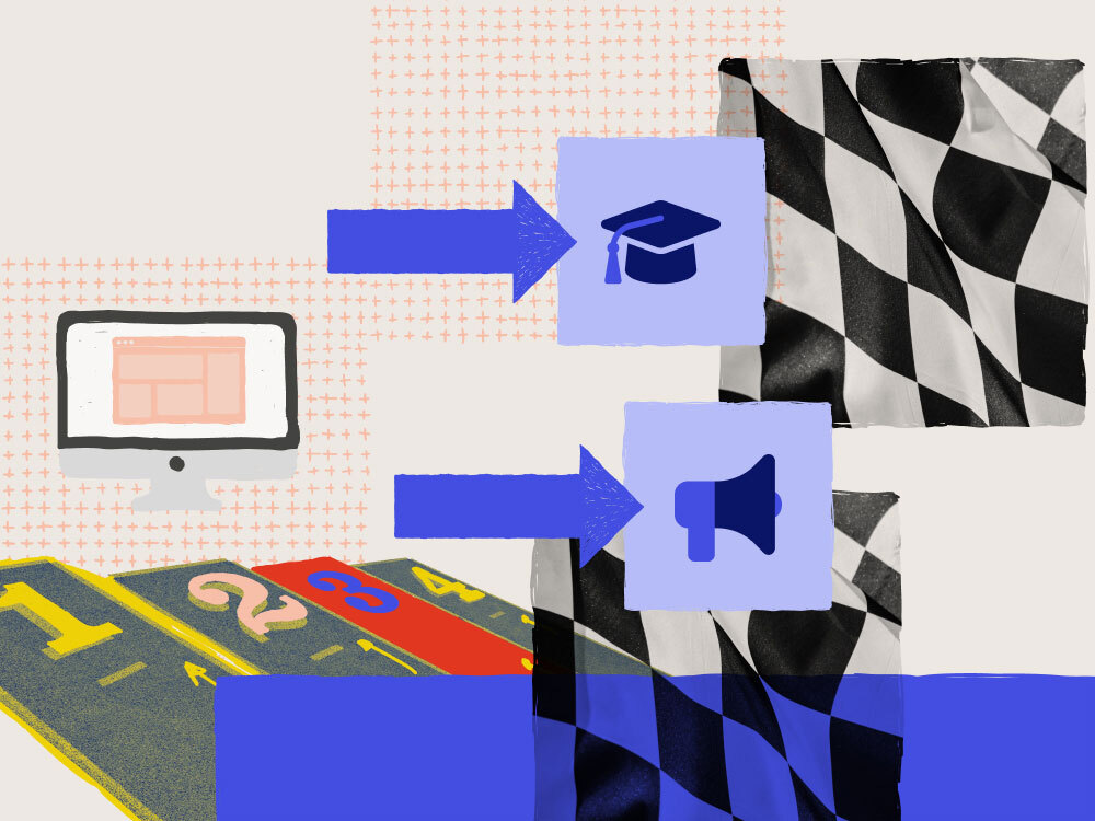 illustration of computer screen with arrows leading to graduation cap icons and notification icons with black and white checkered flags in the background