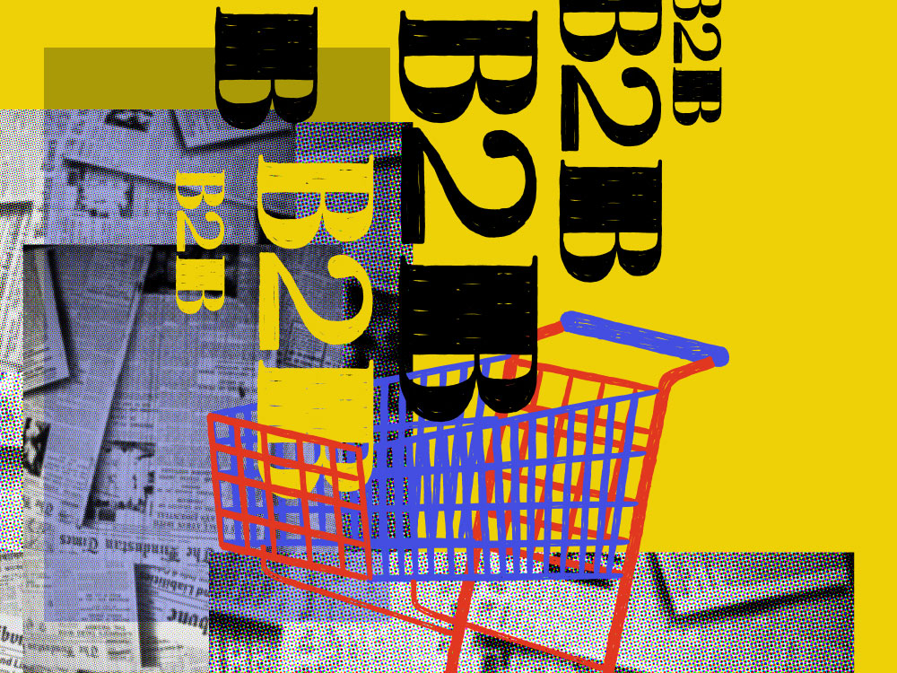 illustrated shopping cart against news print in basq style
