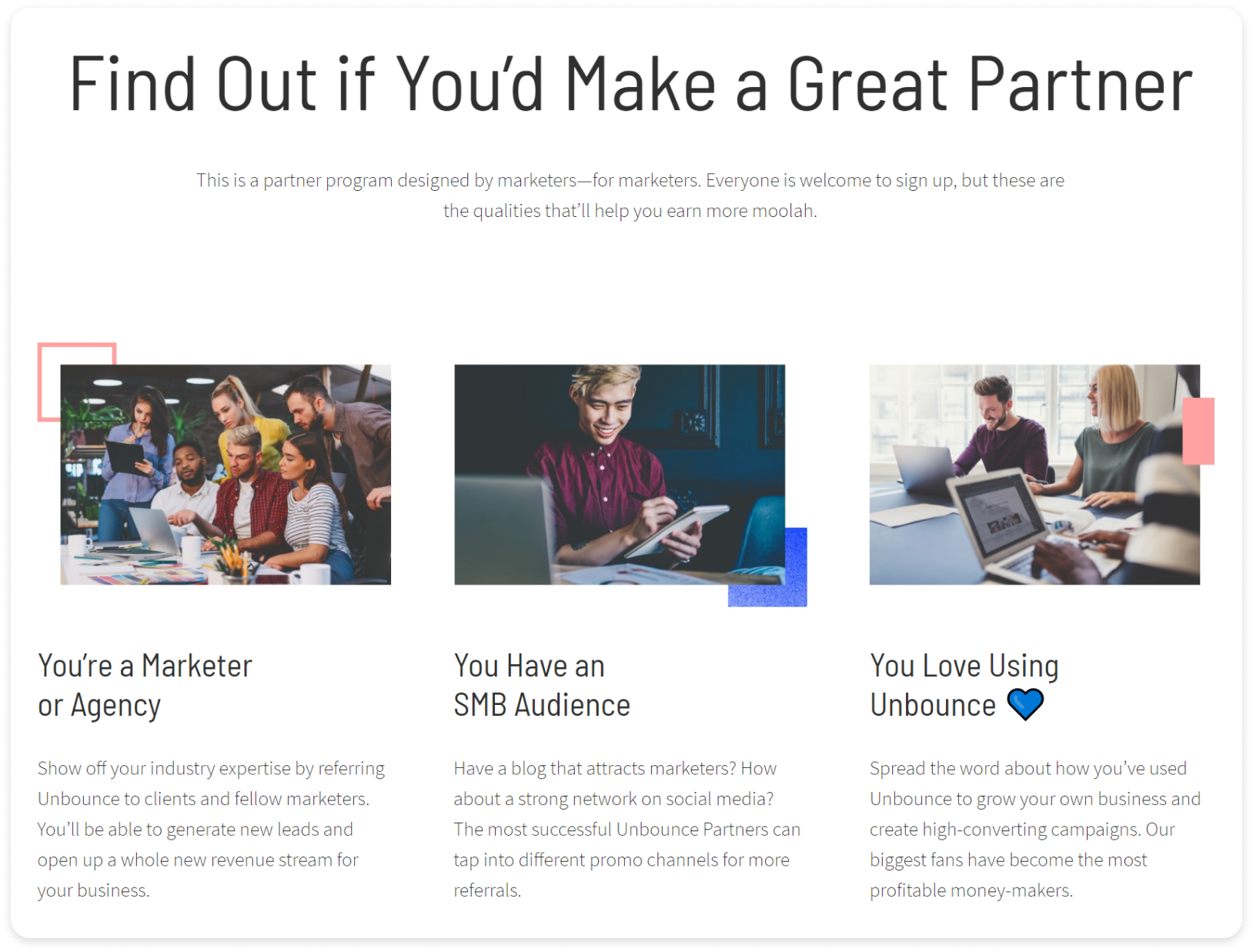 Screenshot of Unbounce's partner program webpage on why you should become a partner